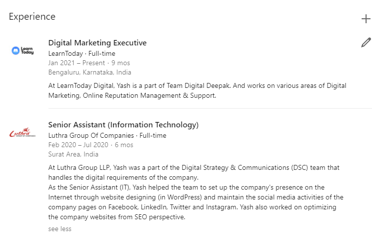LinkedIn Experience Section